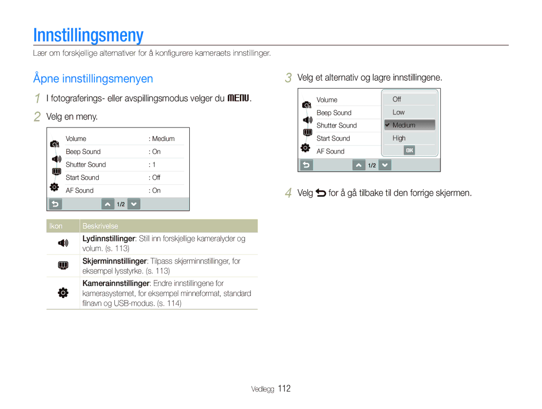 Samsung EC-ST5500BPBE2 Innstillingsmeny, Åpne innstillingsmenyen, Velg et alternativ og lagre innstillingene, Vedlegg 