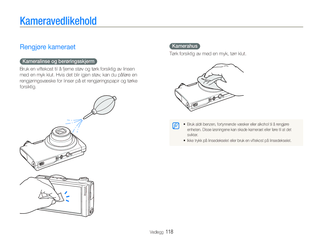 Samsung EC-ST5500BPBE2 manual Kameravedlikehold, Rengjøre kameraet, Kamerahus, Kameralinse og berøringsskjerm 