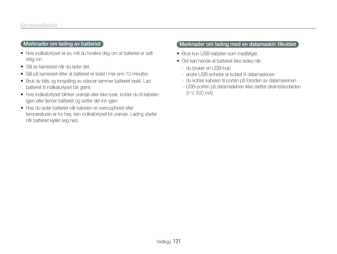 Samsung EC-ST5500BPBE2 manual Merknader om lading av batteriet, Merknader om lading med en datamaskin tilkoblet 
