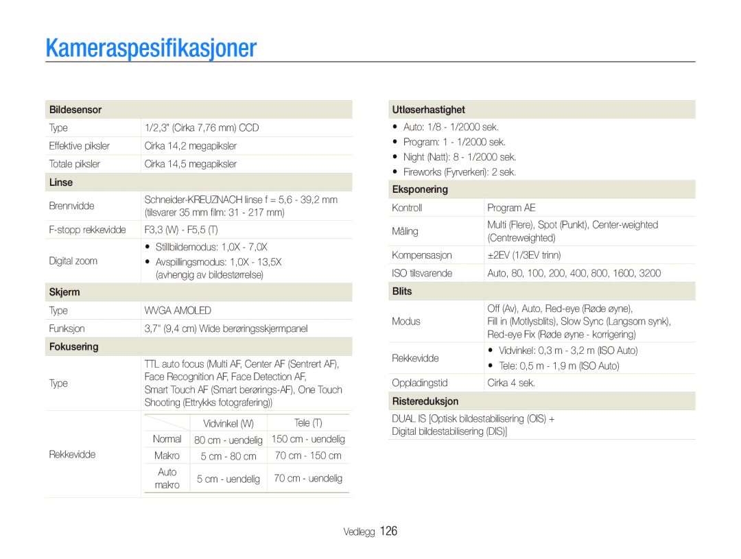 Samsung EC-ST5500BPBE2 manual Kameraspesiﬁkasjoner 