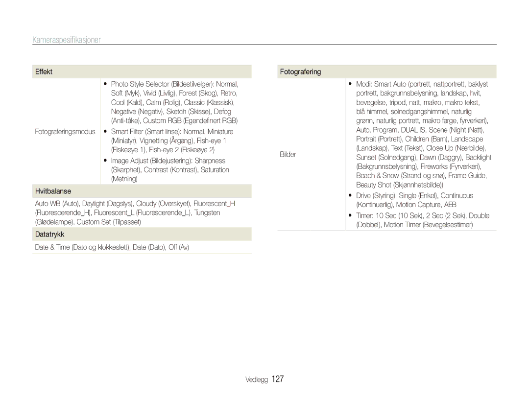 Samsung EC-ST5500BPBE2 manual Kameraspesiﬁkasjoner, Effekt, Beauty Shot Skjønnhetsbilde, Kontinuerlig, Motion Capture, AEB 
