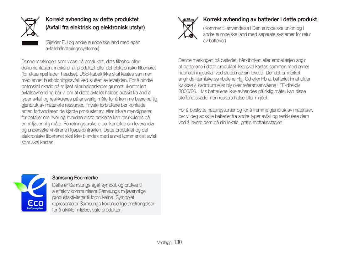 Samsung EC-ST5500BPBE2 manual Korrekt avhending av batterier i dette produkt 