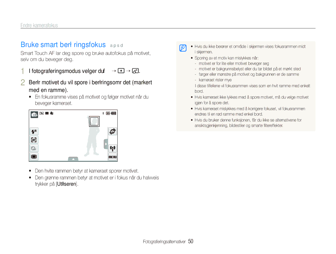 Samsung EC-ST5500BPBE2 manual Bruke smart berøringsfokus a p s d, Endre kamerafokus, Med en ramme 