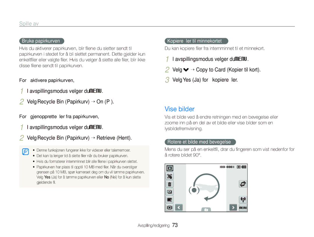 Samsung EC-ST5500BPBE2 manual Vise bilder, Bruke papirkurven, Kopiere ﬁler til minnekortet, Rotere et bilde med bevegelse 