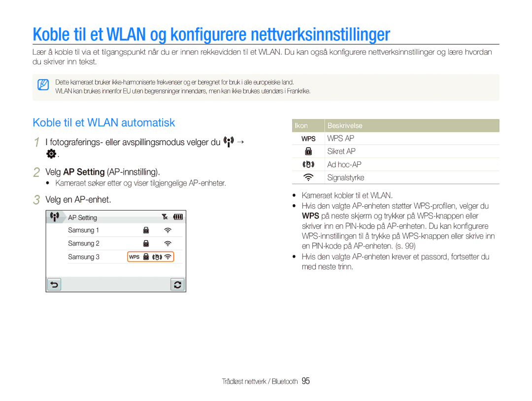 Samsung EC-ST5500BPBE2 manual Koble til et Wlan og konﬁgurere nettverksinnstillinger, Koble til et Wlan automatisk 