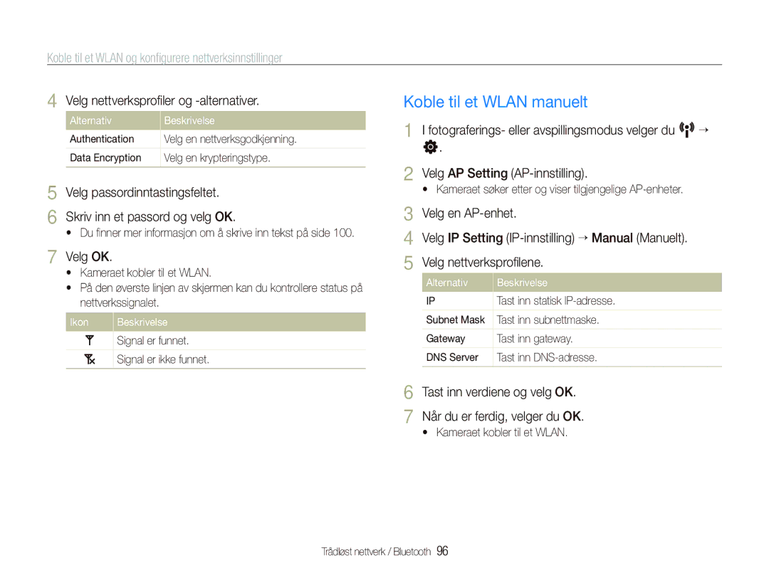 Samsung EC-ST5500BPBE2 manual Koble til et Wlan manuelt, Koble til et Wlan og konﬁgurere nettverksinnstillinger 