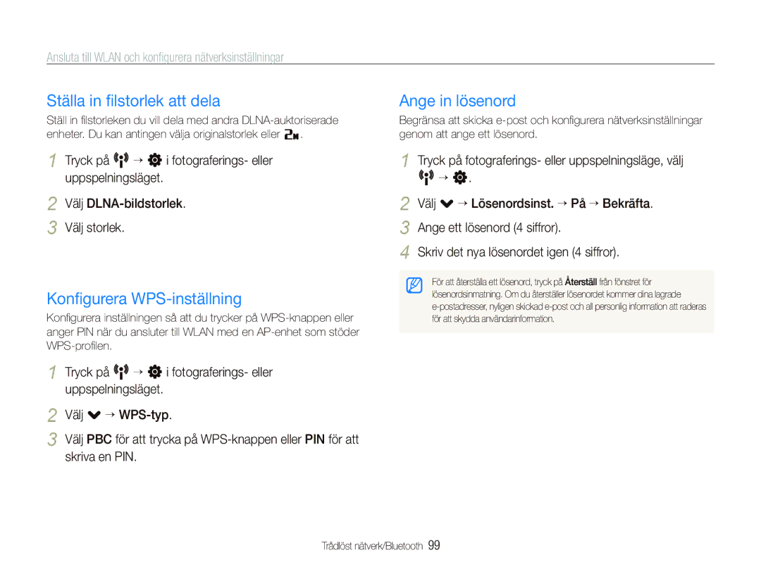 Samsung EC-ST5500BPBE2 manual Ställa in ﬁlstorlek att dela, Konﬁgurera WPS-inställning, Ange in lösenord 