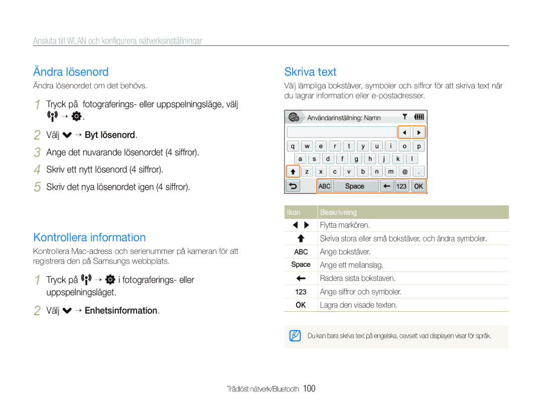 Samsung EC-ST5500BPBE2 manual Ändra lösenord, Kontrollera information, Skriva text 