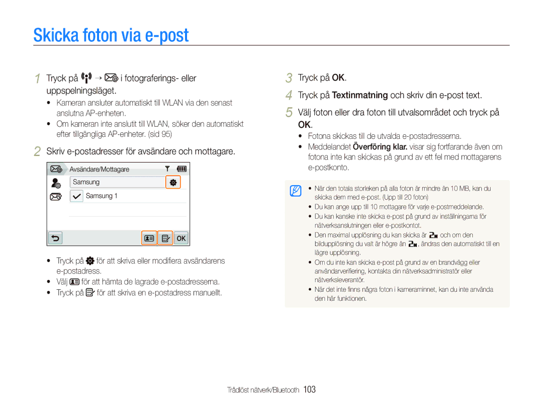Samsung EC-ST5500BPBE2 manual Skicka foton via e-post, Skriv e-postadresser för avsändare och mottagare 