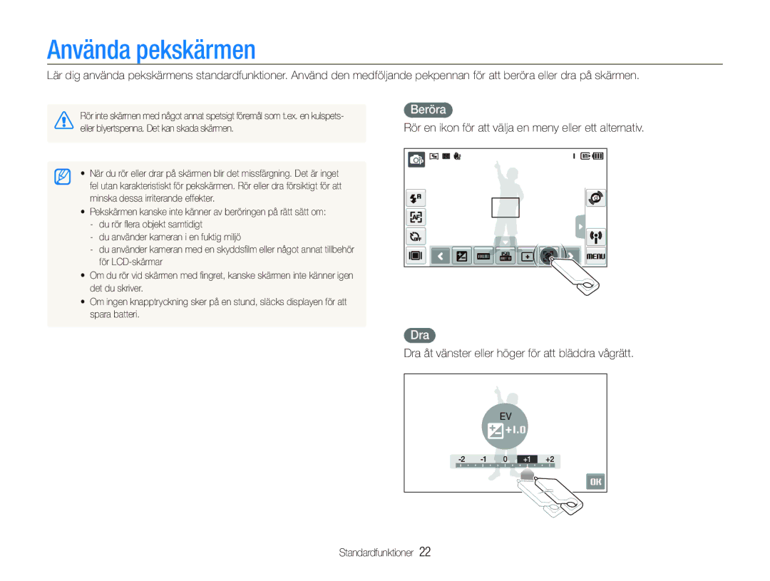 Samsung EC-ST5500BPBE2 manual Använda pekskärmen, Beröra, Dra, Rör en ikon för att välja en meny eller ett alternativ 