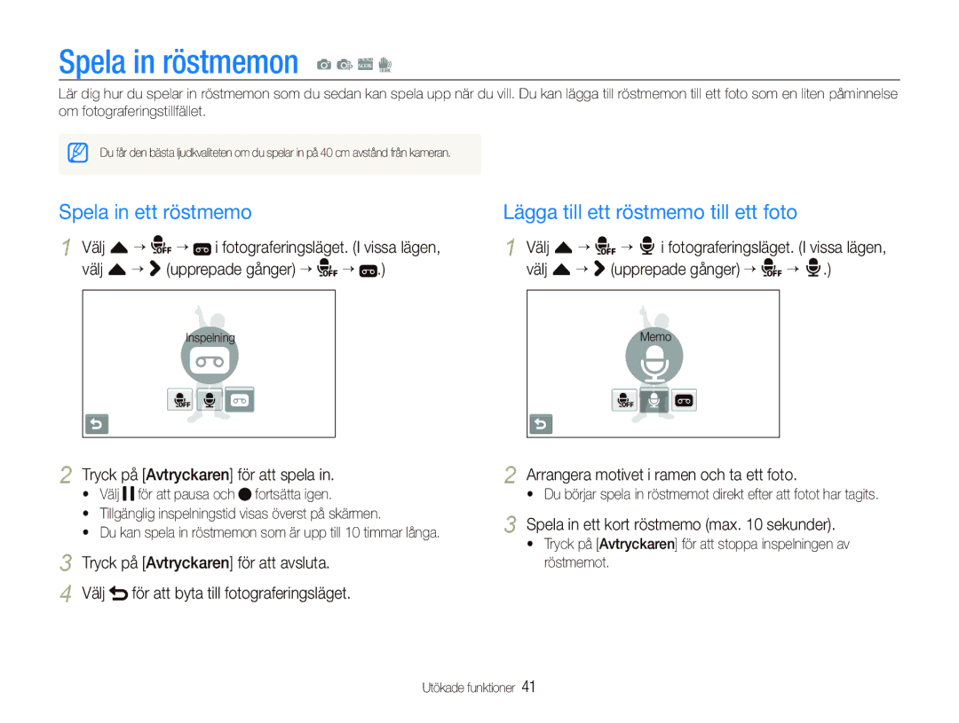 Samsung EC-ST5500BPBE2 manual Spela in röstmemon a p s d, Spela in ett röstmemo, Lägga till ett röstmemo till ett foto 