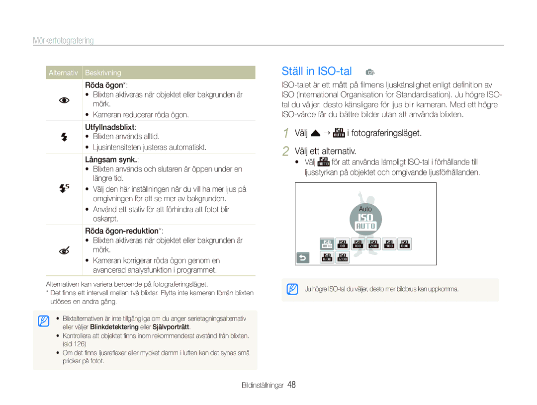 Samsung EC-ST5500BPBE2 manual Ställ in ISO-tal p, Mörkerfotografering, Välj f “ i fotograferingsläget Välj ett alternativ 