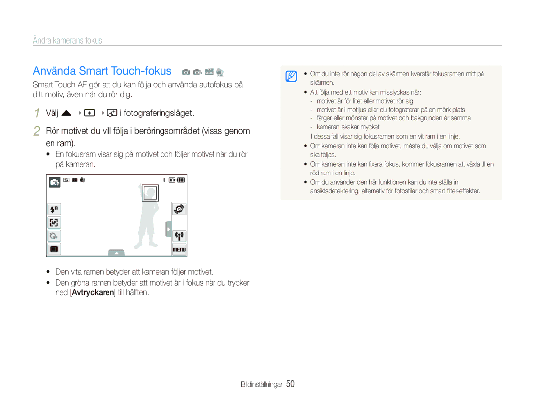 Samsung EC-ST5500BPBE2 manual Använda Smart Touch-fokus a p s d, Ändra kamerans fokus, Välj f “ Fotograferingsläget, En ram 