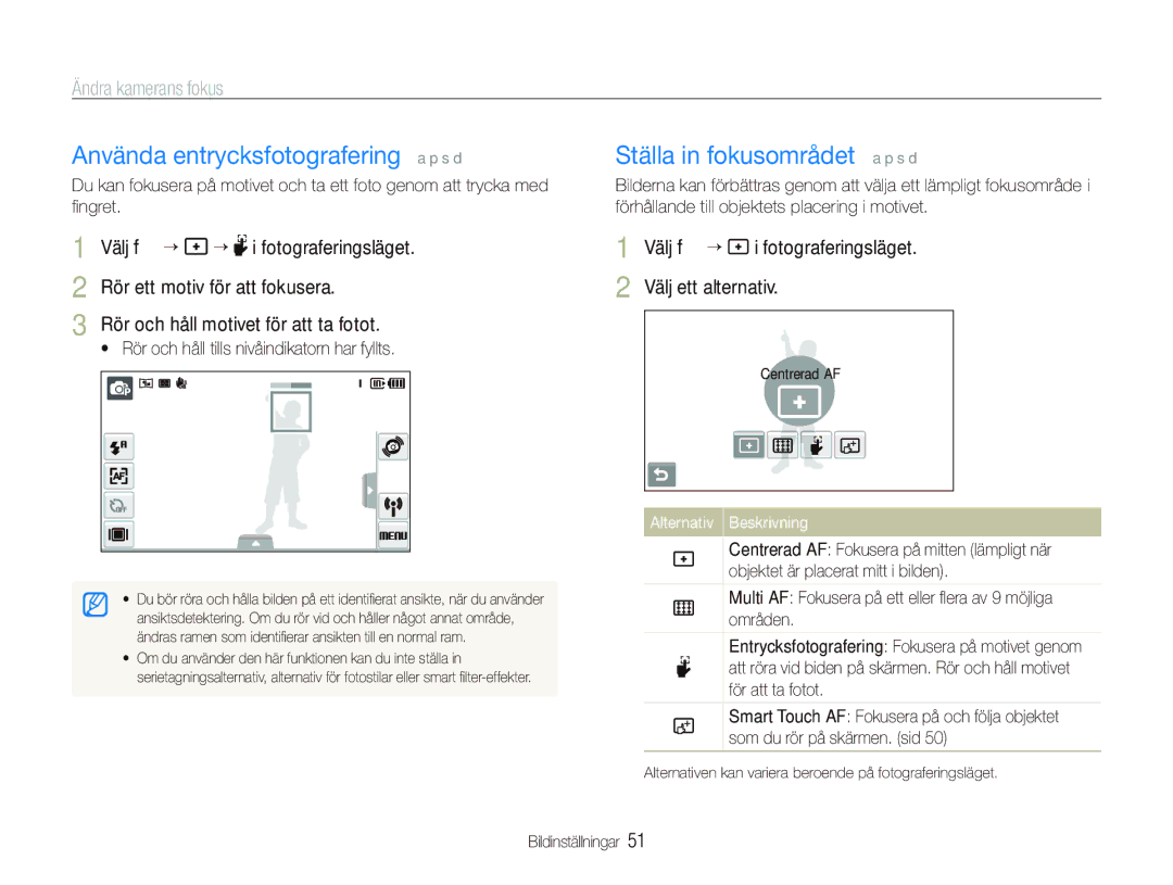 Samsung EC-ST5500BPBE2 manual Använda entrycksfotografering a p s d, Ställa in fokusområdet a p s d 