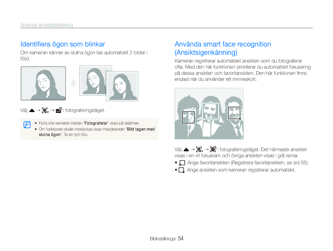 Samsung EC-ST5500BPBE2 manual Identiﬁera ögon som blinkar, Använda smart face recognition Ansiktsigenkänning 