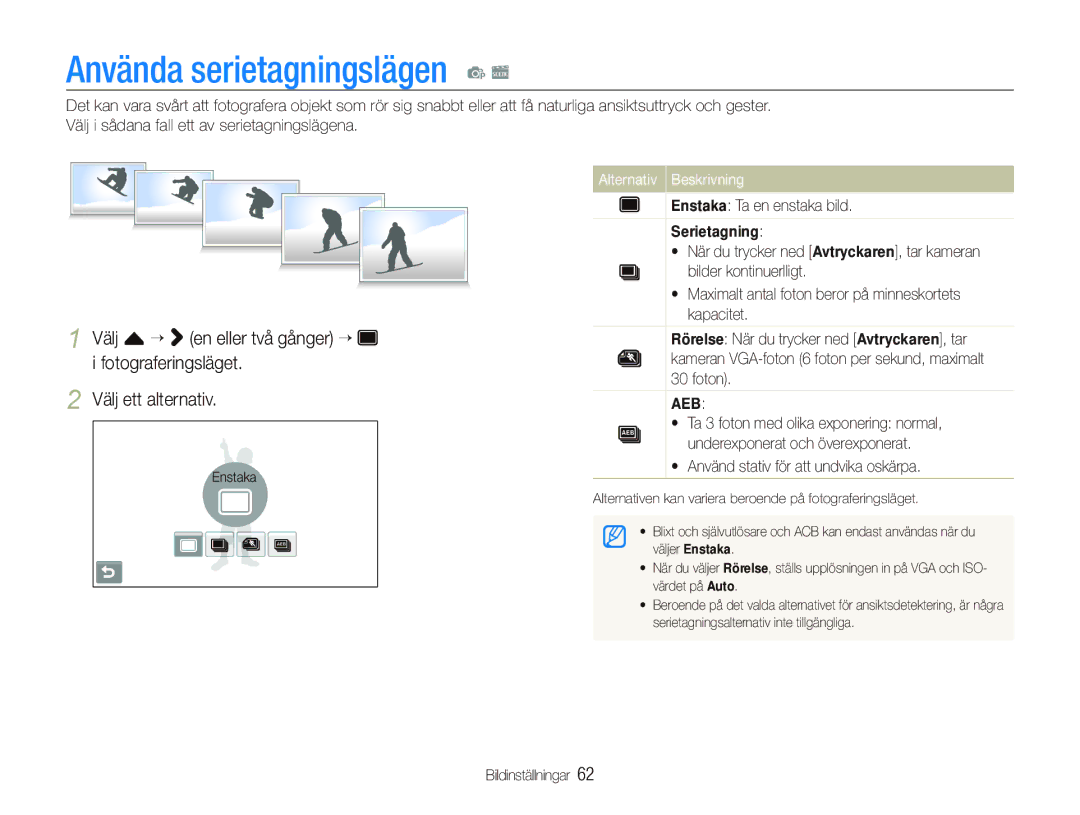 Samsung EC-ST5500BPBE2 manual Använda serietagningslägen p s, Välj f “ en eller två gånger “ 