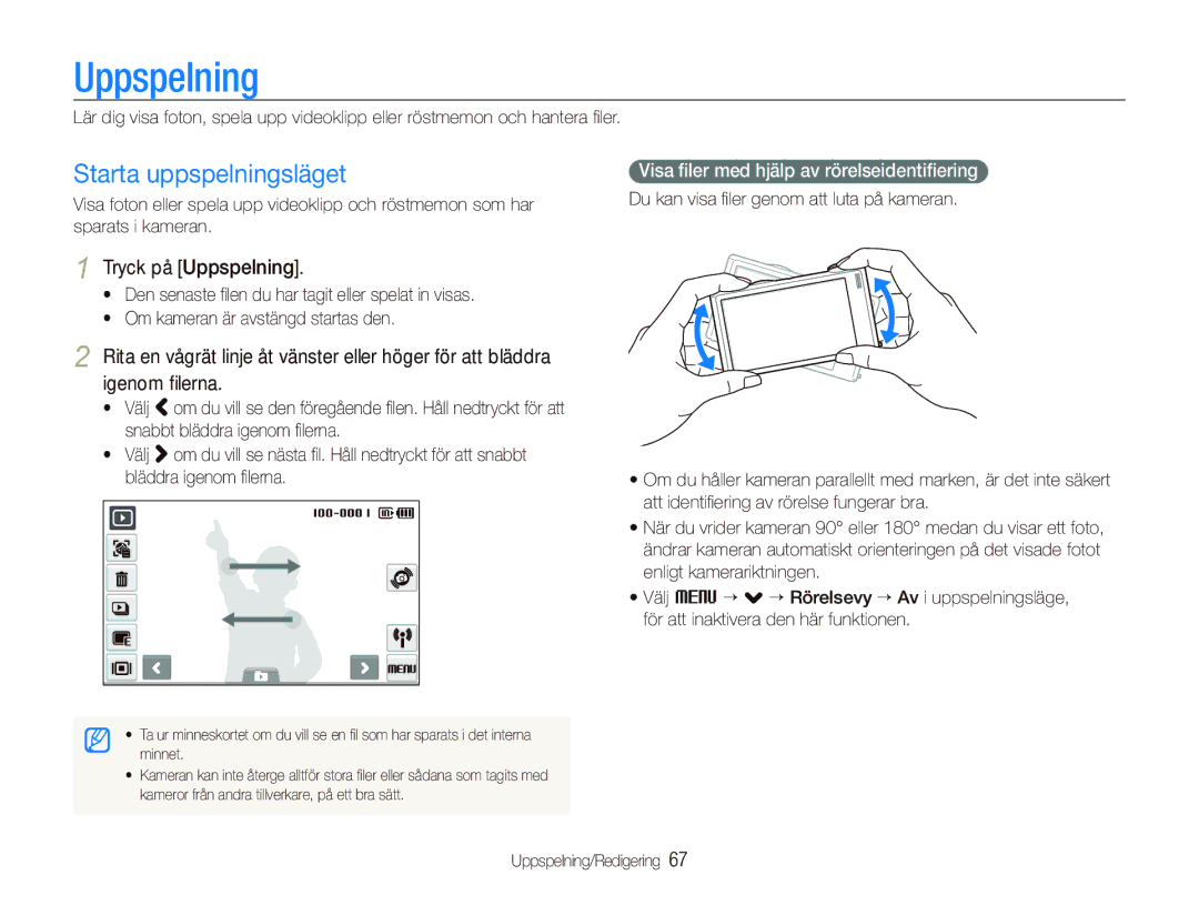 Samsung EC-ST5500BPBE2 Starta uppspelningsläget, Tryck på Uppspelning, Visa ﬁler med hjälp av rörelseidentiﬁering 