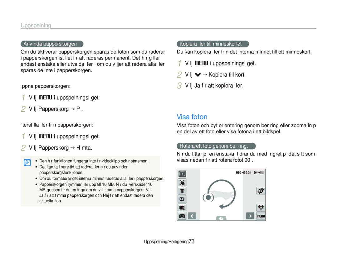 Samsung EC-ST5500BPBE2 manual Visa foton, Välj M i uppspelningsläget Välj Papperskorg “ På 