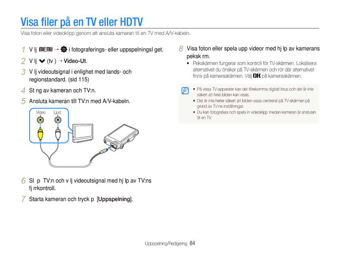 Samsung EC-ST5500BPBE2 manual Visa ﬁler på en TV eller Hdtv, ﬁnns på kameraskärmen. Välj på kameraskärmen 