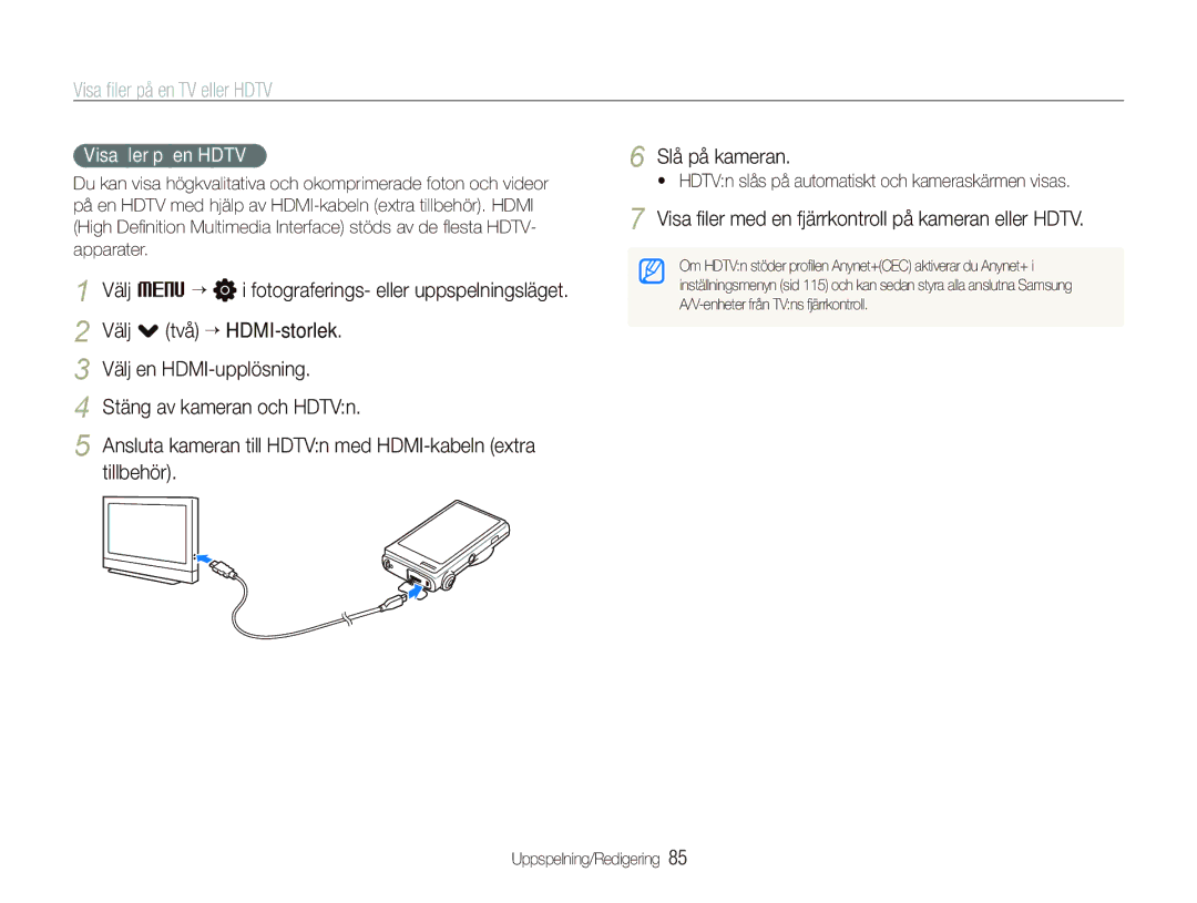 Samsung EC-ST5500BPBE2 manual Visa ﬁler på en TV eller Hdtv, Visa ﬁler med en fjärrkontroll på kameran eller Hdtv 