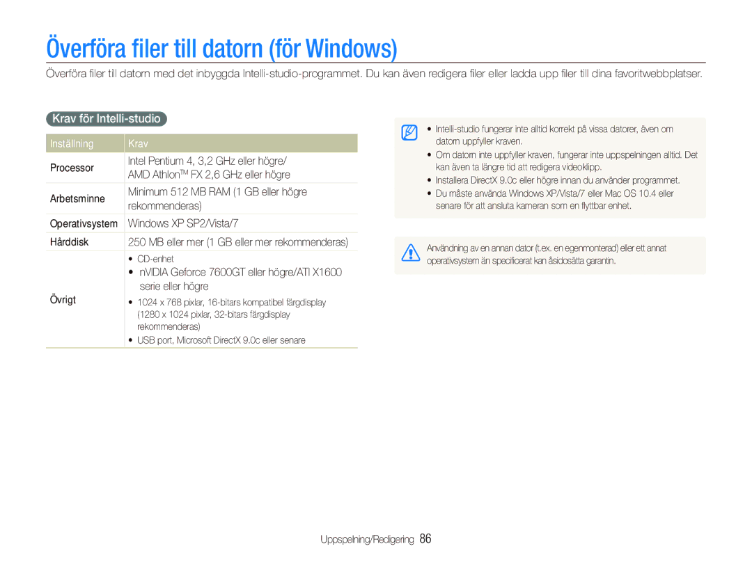 Samsung EC-ST5500BPBE2 manual Överföra ﬁler till datorn för Windows, Krav för Intelli-studio, Inställning Krav 