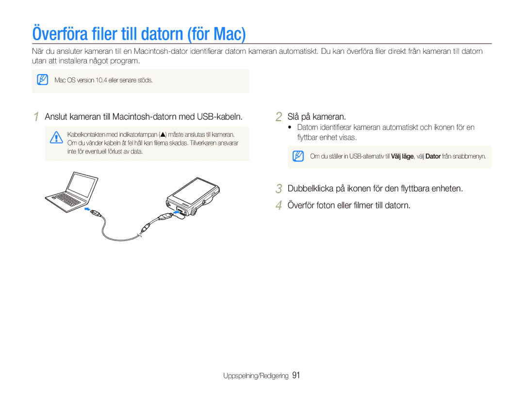 Samsung EC-ST5500BPBE2 manual Överföra ﬁler till datorn för Mac, Anslut kameran till Macintosh-datorn med USB-kabeln 