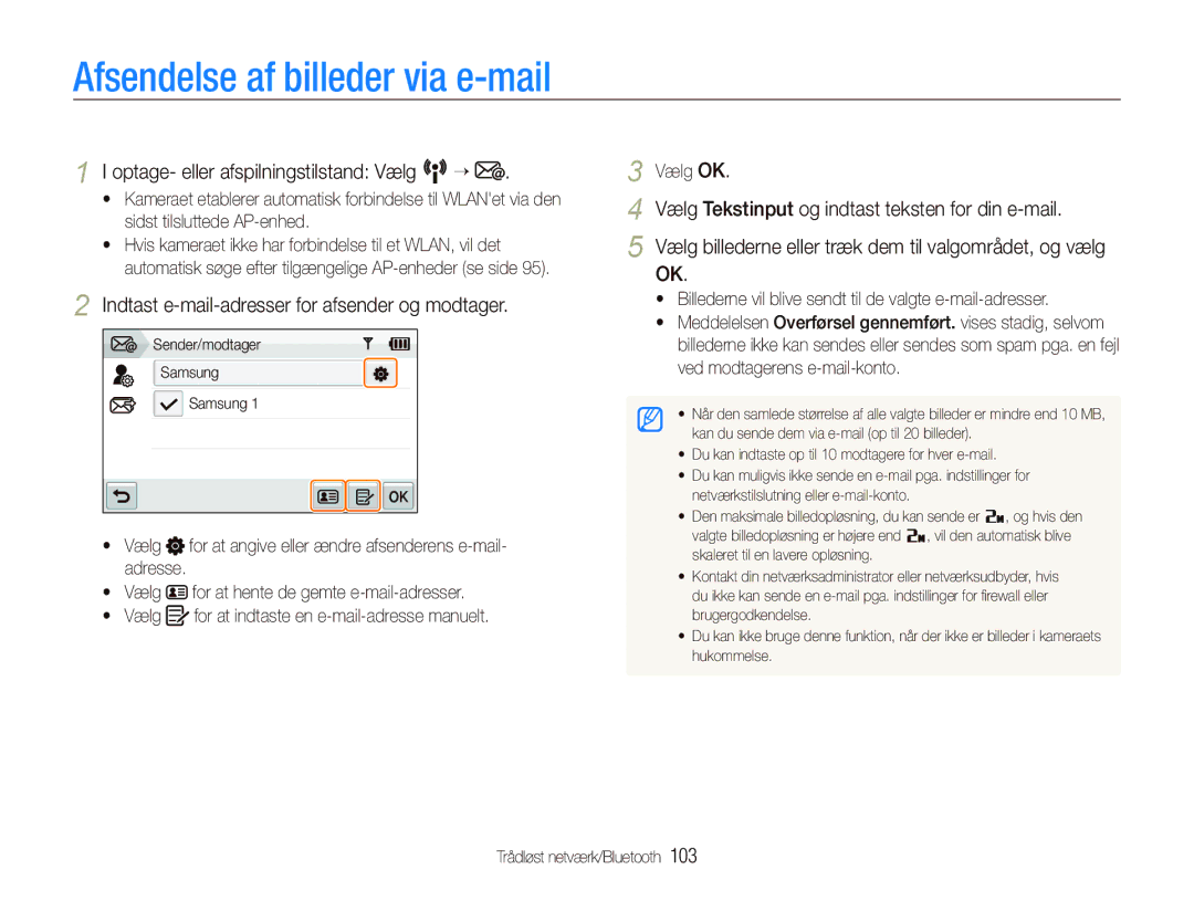 Samsung EC-ST5500BPBE2 manual Afsendelse af billeder via e-mail, Indtast e-mail-adresser for afsender og modtager 