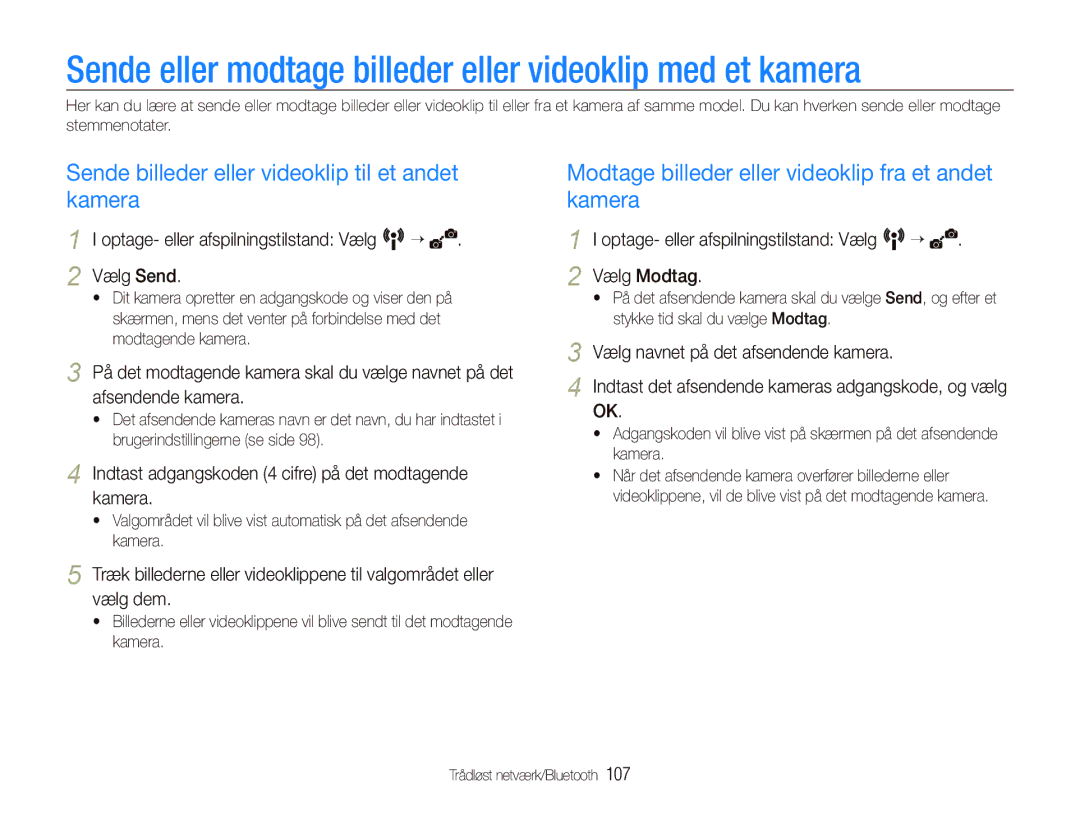 Samsung EC-ST5500BPBE2 manual Sende eller modtage billeder eller videoklip med et kamera 