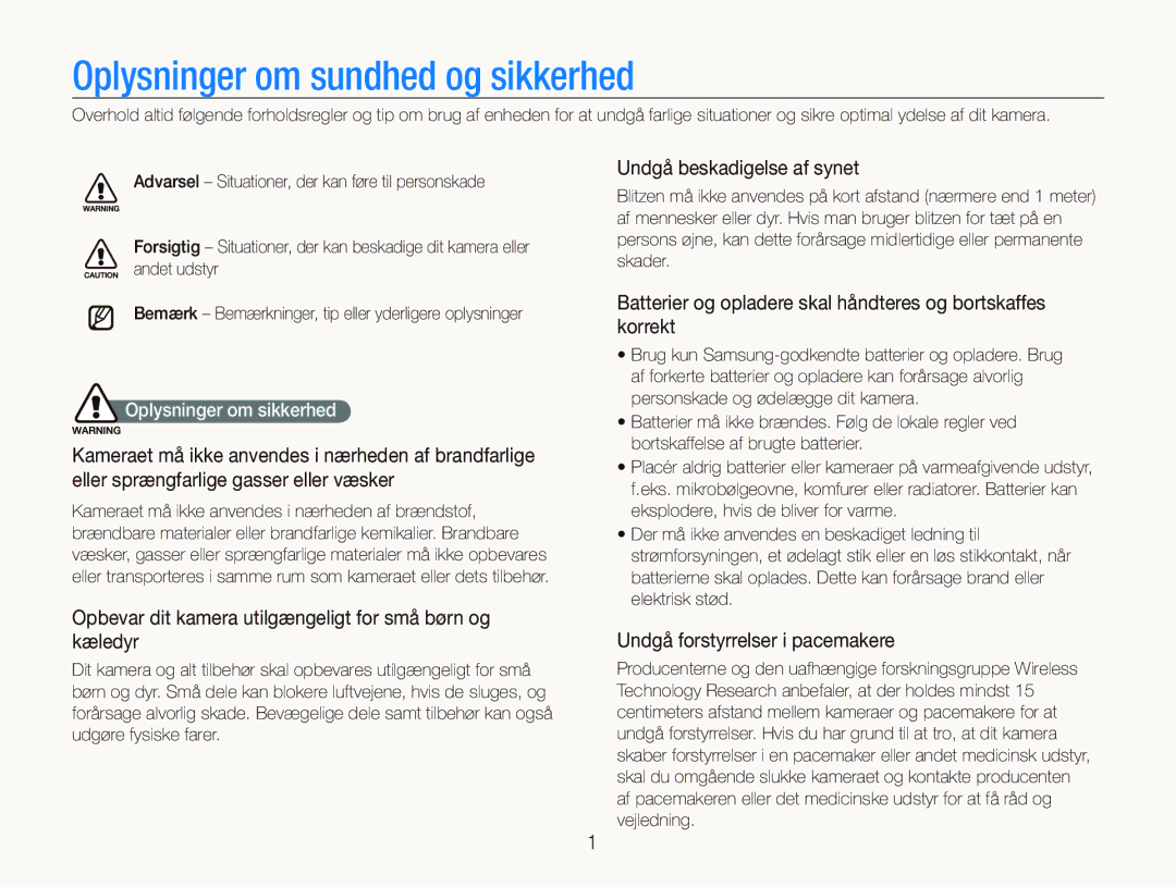 Samsung EC-ST5500BPBE2 Oplysninger om sundhed og sikkerhed, Undgå beskadigelse af synet, Undgå forstyrrelser i pacemakere 