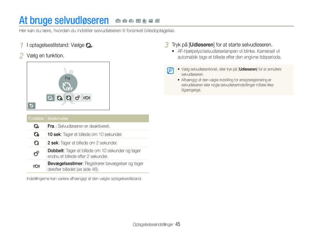 Samsung EC-ST5500BPBE2 manual At bruge selvudløseren S a p s d v D, Optagelsestilstand Vælge Vælg en funktion 