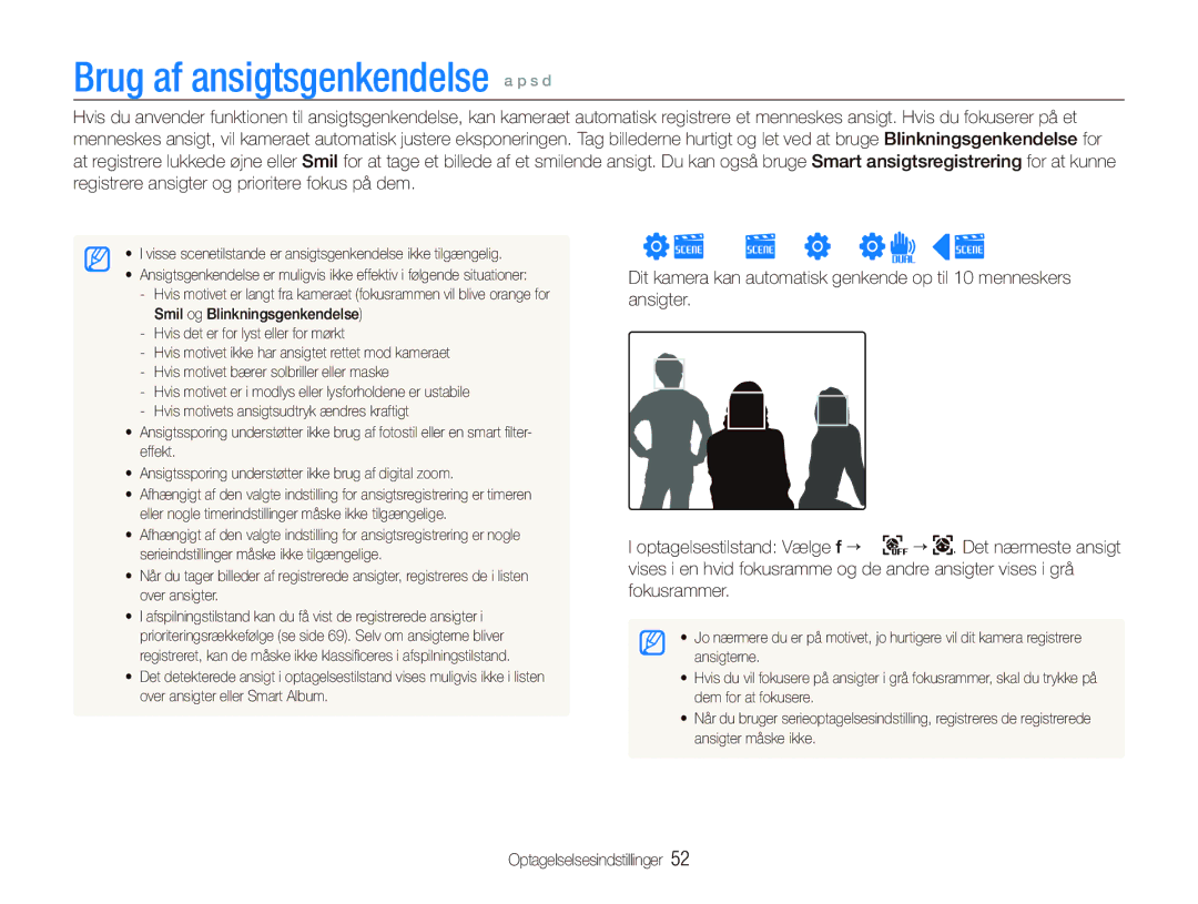 Samsung EC-ST5500BPBE2 manual Brug af ansigtsgenkendelse a p s d, Ansigtsgenkendelse 