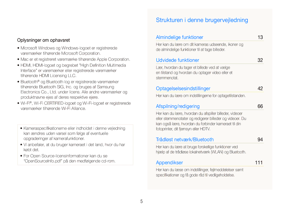 Samsung EC-ST5500BPBE2 manual Strukturen i denne brugervejledning, Oplysninger om ophavsret, 111 