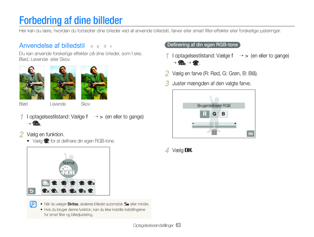 Samsung EC-ST5500BPBE2 manual Forbedring af dine billeder, Anvendelse af billedstil a p d, Deﬁnering af din egen RGB-tone 