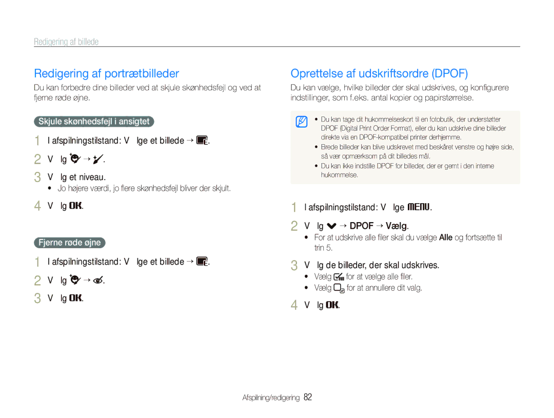 Samsung EC-ST5500BPBE2 manual Redigering af portrætbilleder, Oprettelse af udskriftsordre Dpof, Vælg Vælg et niveau 