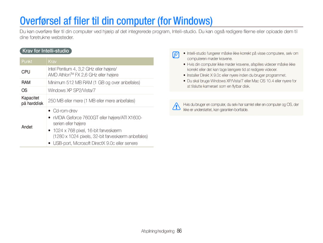 Samsung EC-ST5500BPBE2 manual Overførsel af ﬁler til din computer for Windows, Krav for Intelli-studio, Punkt Krav 