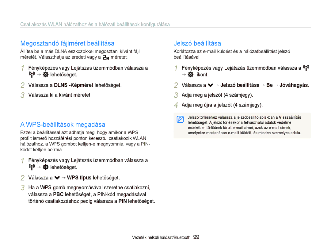 Samsung EC-ST5500BPBE3, EC-ST5500BPOE3 manual Megosztandó fájlméret beállítása, WPS-beállítások megadása, Jelszó beállítása 