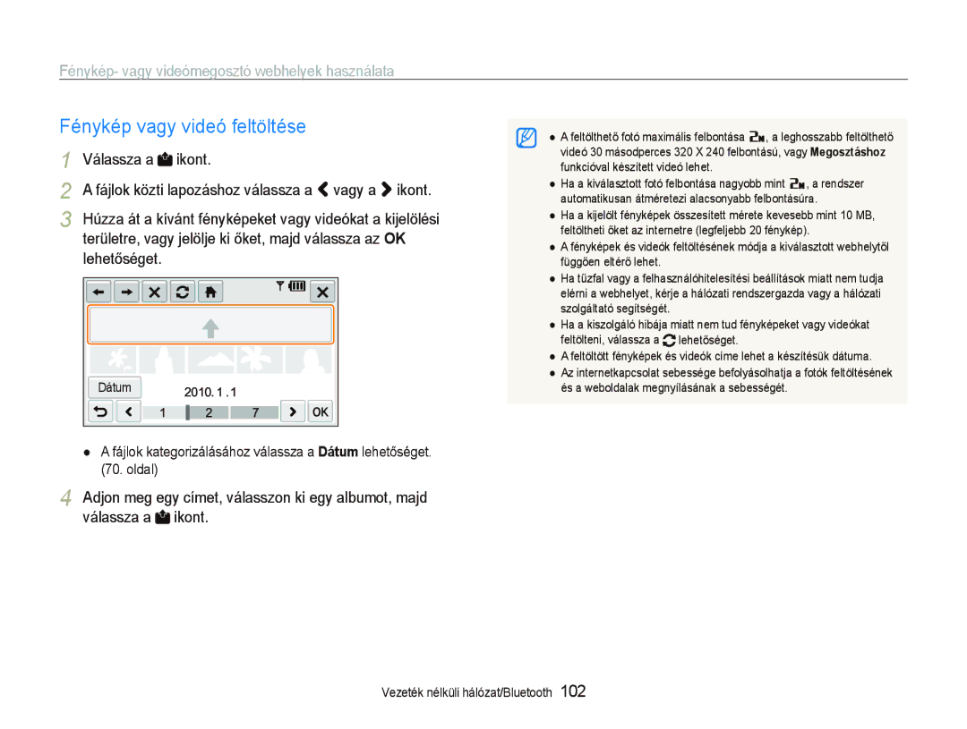 Samsung EC-ST5500BPBE2, EC-ST5500BPBE3 Fénykép vagy videó feltöltése, Fénykép- vagy videómegosztó webhelyek használata 