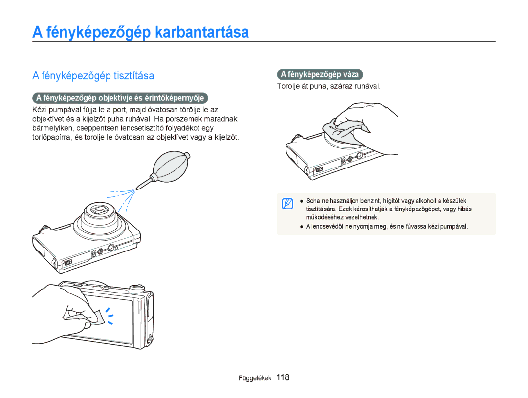 Samsung EC-ST5500BPBE2 Fényképezőgép karbantartása, Fényképezőgép tisztítása, Fényképezőgép objektívje és érintőképernyője 