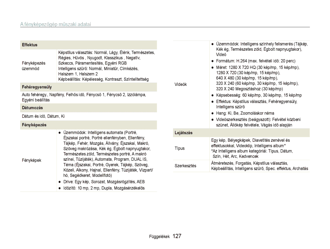 Samsung EC-ST5500BPBE3, EC-ST5500BPOE3, EC-ST5500BPAE3, EC-ST5500BPBE2 manual Fényképezőgép műszaki adatai, Effektus 