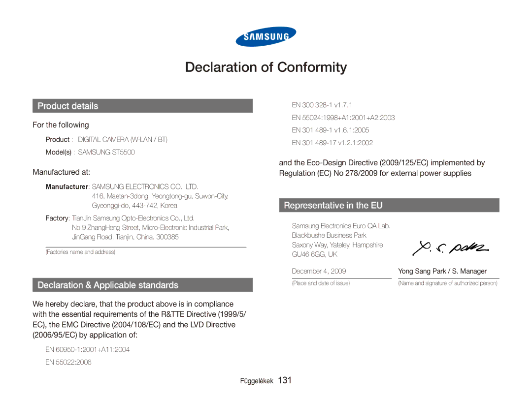 Samsung EC-ST5500BPBE3, EC-ST5500BPOE3, EC-ST5500BPAE3, EC-ST5500BPBE2 manual For the following, Manufactured at 