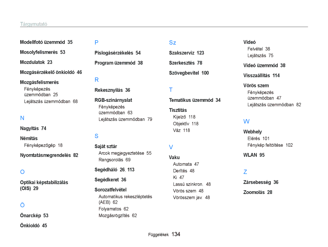 Samsung EC-ST5500BPBE2 Arcok megjegyeztetése 55 Rangsorolás, Automatikus rekeszléptetés AEB Folyamatos 62 Mozgásrögzítés 