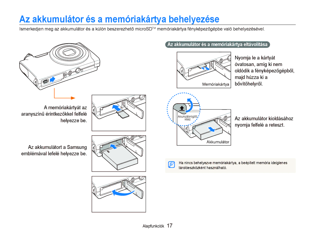 Samsung EC-ST5500BPAE3 Az akkumulátor és a memóriakártya behelyezése, Nyomja felfelé a reteszt, Az akkumulátor kioldásához 