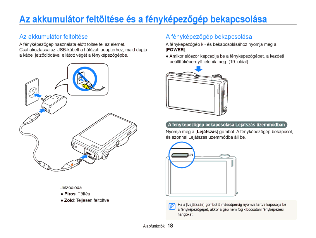 Samsung EC-ST5500BPBE2 manual Az akkumulátor feltöltése és a fényképezőgép bekapcsolása, Fényképezőgép bekapcsolása 