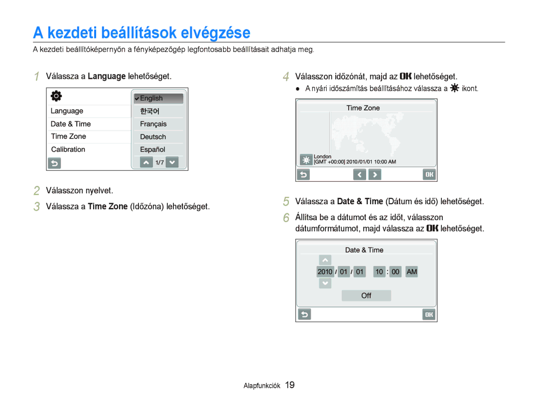 Samsung EC-ST5500BPBE3 manual Kezdeti beállítások elvégzése, Válassza a Language lehetőséget Válasszon időzónát, majd az 