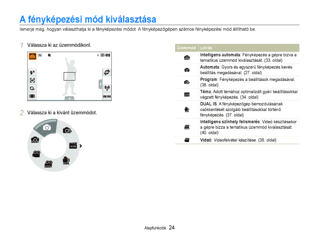 Samsung EC-ST5500BPOE3 manual Fényképezési mód kiválasztása, Válassza ki az üzemmódikont Válassza ki a kívánt üzemmódot 