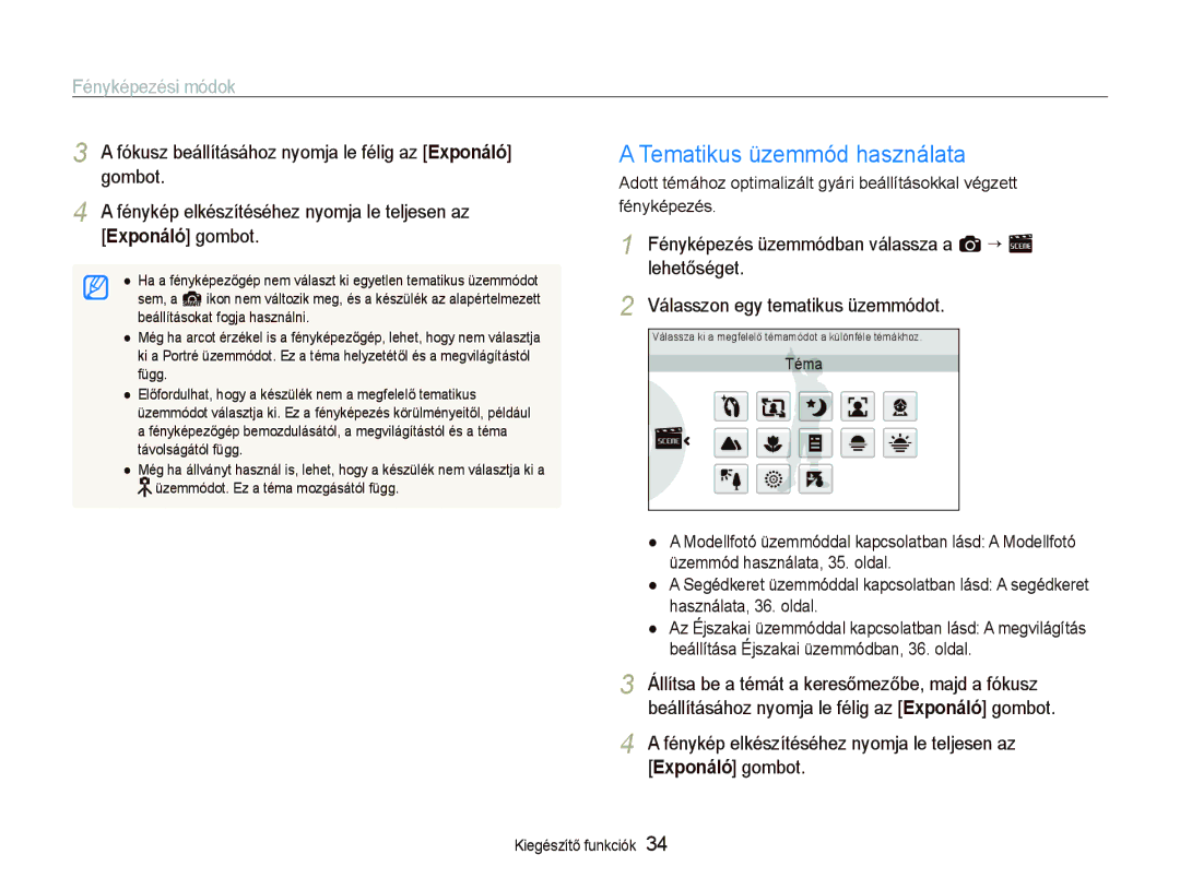 Samsung EC-ST5500BPBE2, EC-ST5500BPBE3, EC-ST5500BPOE3, EC-ST5500BPAE3 manual Tematikus üzemmód használata, Fényképezési módok 