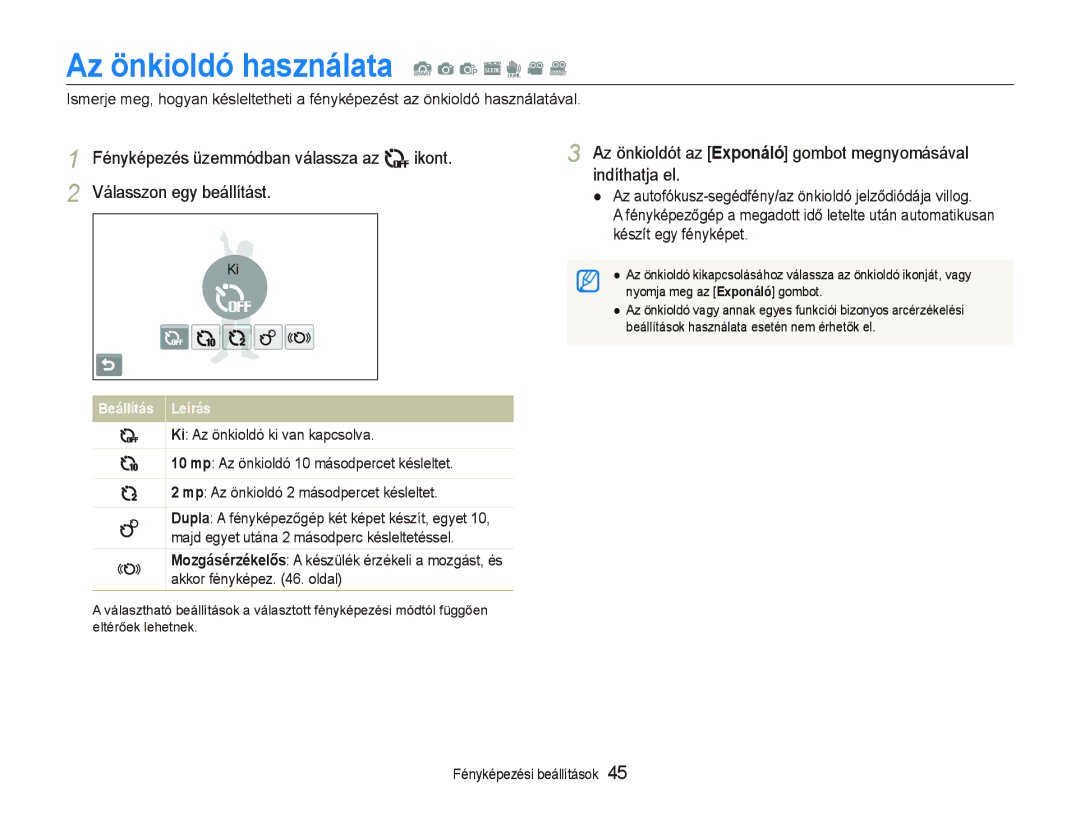 Samsung EC-ST5500BPAE3, EC-ST5500BPBE3, EC-ST5500BPOE3, EC-ST5500BPBE2 manual Az önkioldó használata S a p s d v D 