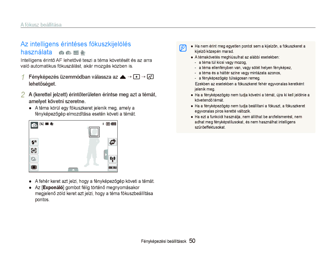 Samsung EC-ST5500BPBE2 Használata, Fókusz beállítása, Fényképezés üzemmódban válassza az f “, Amelyet követni szeretne 