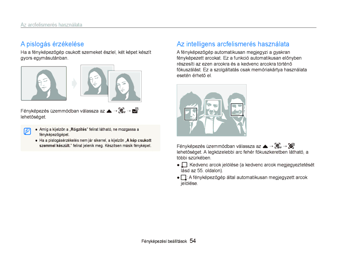 Samsung EC-ST5500BPBE2, EC-ST5500BPBE3, EC-ST5500BPOE3 manual Pislogás érzékelése, Az intelligens arcfelismerés használata 