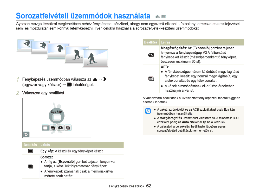 Samsung EC-ST5500BPBE2, EC-ST5500BPBE3, EC-ST5500BPOE3 manual Sorozatfelvételi üzemmódok használata p s, Használjon állványt 